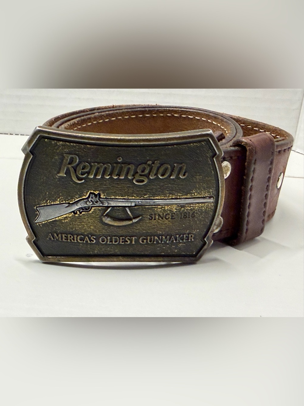Remington Belt Hand Antiqued Saddle Leather Flintlock Rifle Buckle Mens Western